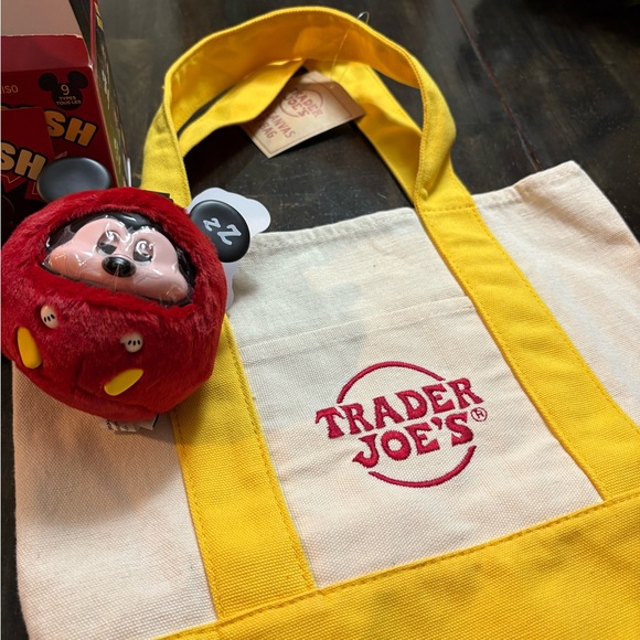 Trader Joe's Yellow and Cream Tote Bag with Miniso Mickey bag Charm - Picture 4 of 6